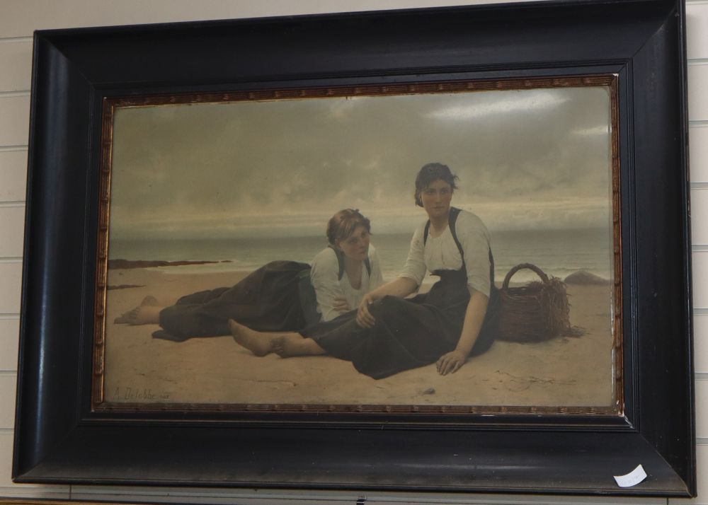 After A. Delobbe, colour print, Fishermen wives seated on the shore, 51 x 90cm